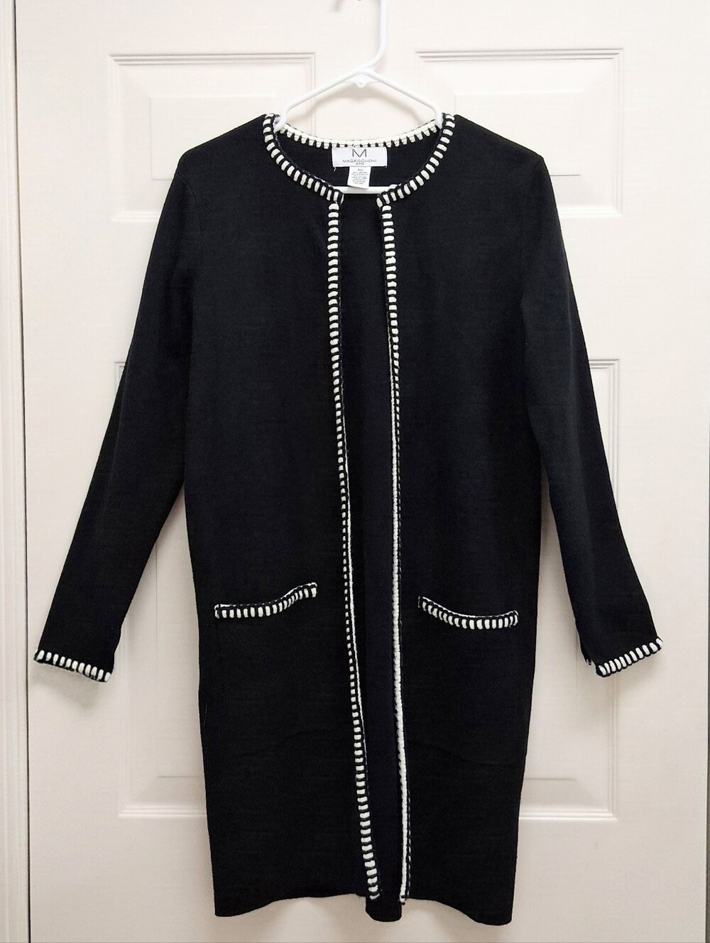 Magaschoni Petite Open Front Whipstitch Cardigan Black Medium Pockets Luxury